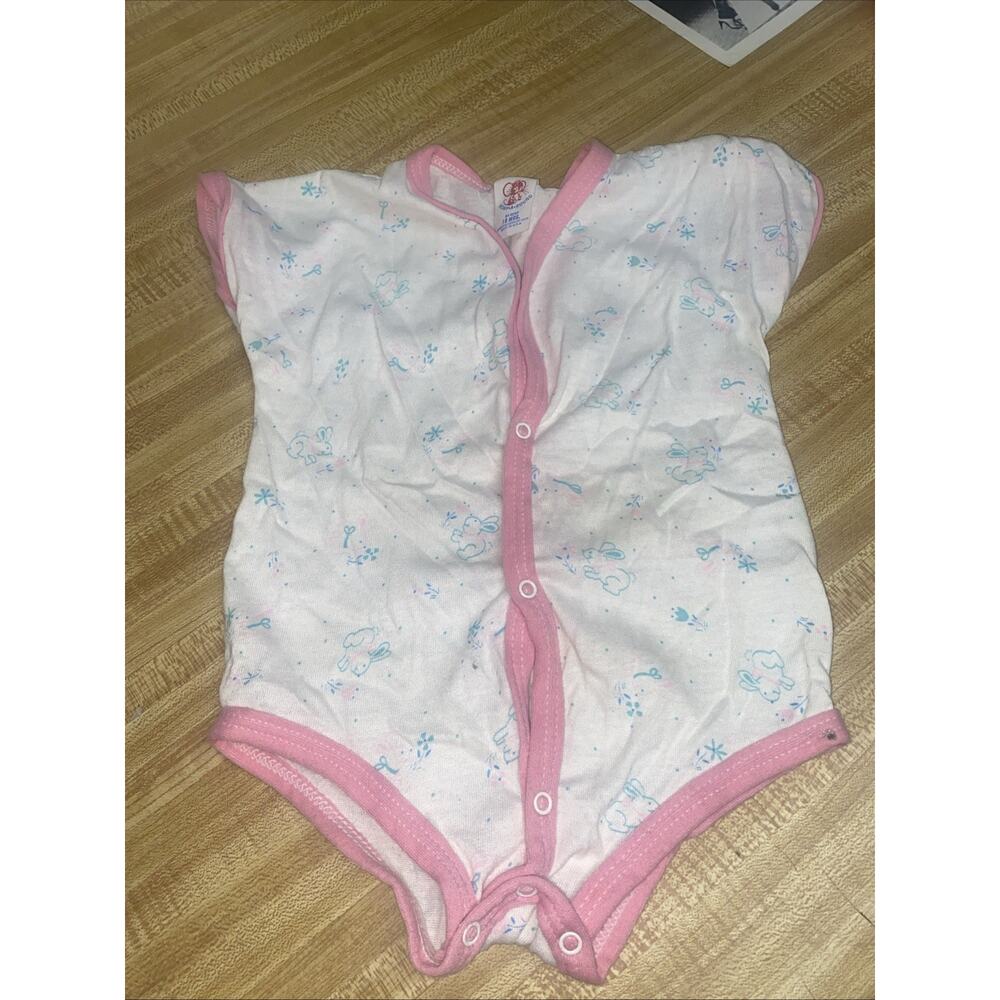 Vintage 80s Romp A Round 18 Mo Bunny Print White Pink Snap One Piece USA Made